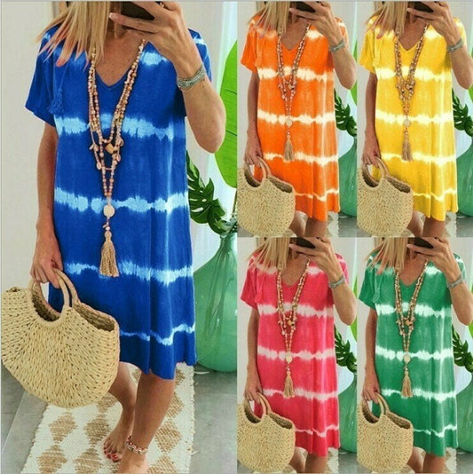 🔥 Letzter Tag! 50% Rabatt Damen Batik-Streifen T-Shirt Kleid 🌴 Lockeres luftiges Freizeitkleid für Sommer & Urlaub