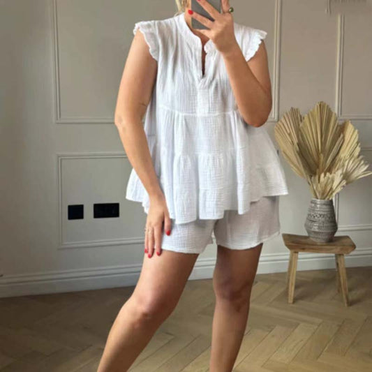 🌼50% Rabatt 🩷Damen-Set aus Shorts und Top mit Rüschen aus Käsetuch