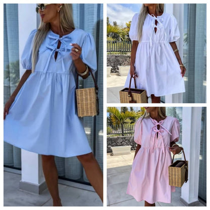 ⏳Begrenzte Zeit 50% Rabatt💥Trendiges einfarbiges Damenkleid mit Fliege vorne und Puffärmeln
