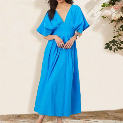 👗Modisches, plissiertes, rückenfreies, langes Kleid mit V-Ausschnitt