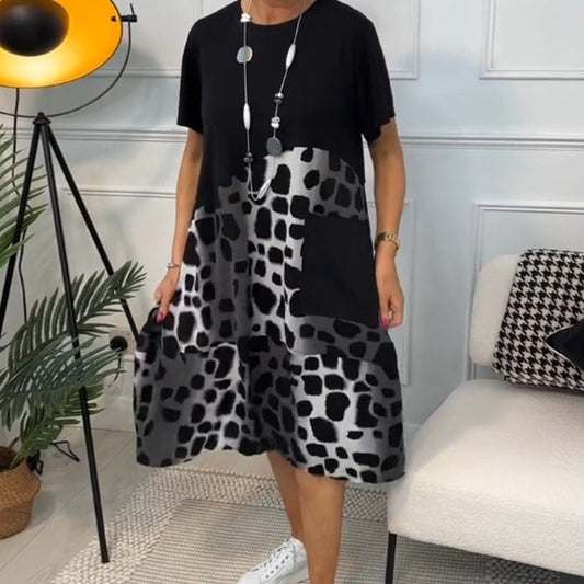 🔥Sommer-Specials💪Lockeres, bedrucktes Kleid mit Rundhalsausschnitt und kurzen Ärmeln