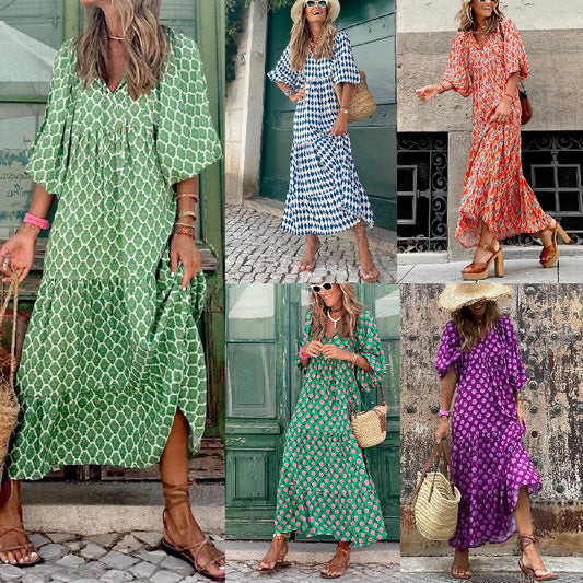 ⏳Begrenzte Zeit 50% Rabatt💥Elegantes Damen-Boho-Maxikleid mit Puffärmeln und Blumenmuster