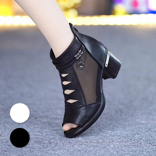 🥿🥰Weiches Leder Damen Stiefeletten mit Netzstoff-Einsatz, Sandalen mit praktischem mittlerem Absatz für jeden Tag