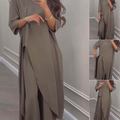 💃Limited Sale 57% OFF💕Unifarbenes, unregelmäßiges Oberteil & Hose mit weitem Bein im 2-PCS-Set