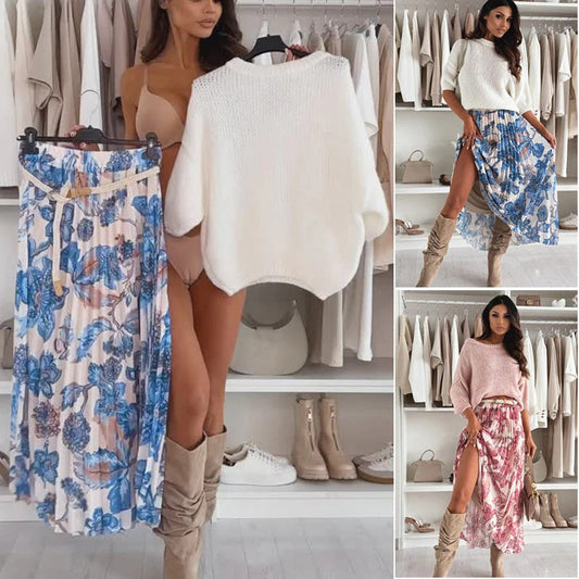 Solide Damen-Oberteile ＆ Floral bedruckte Röcke Zweiteiliges Set