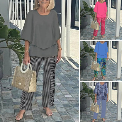 Lässiges Damen-Zweiteiler-Set mit Rundhalsausschnitt und halblangen Ärmeln, Oberteil und Hose mit Aufdruck