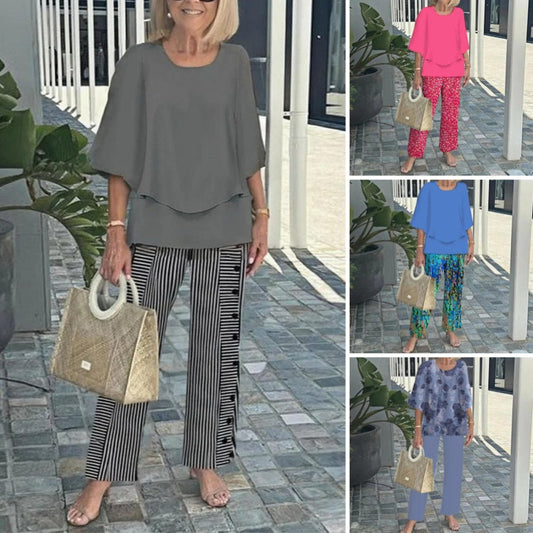 Lässiges Damen-Zweiteiler-Set mit Rundhalsausschnitt und halblangen Ärmeln, Oberteil und Hose mit Aufdruck