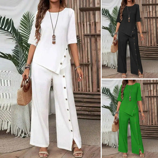 ⏳Begrenzte Zeit 50% Rabatt💥Zweiteiliges Damen-Set aus Top mit asymmetrischem Saum und Hose mit weitem Bein