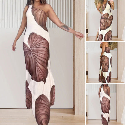 🔥 Begränsad tid 50% rabatt!🔥💃Schlankes One-Shoulder-Maxikleid mit Palmenmuster