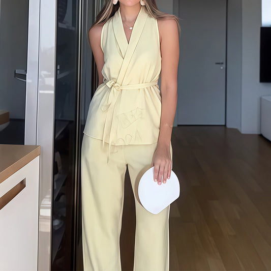 🔥 Summer Hot Sale 🌊 V-Neck Sleeveless Top and Straight-Leg Pants 2-piece suit