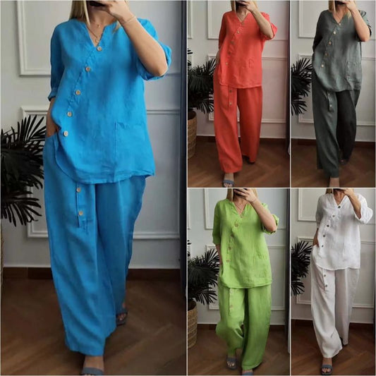 Lässiges, lockeres 2-teiliges Set mit schicker Knopfverzierung für Damen
