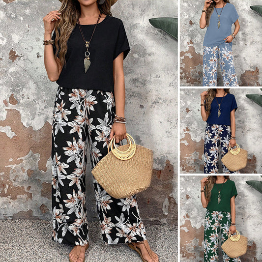⏳Begrenzte Zeit 50% Rabatt💥Lässiges Damen-Set mit weiten Hosen und kurzärmligem Oberteil mit Blumenmuster