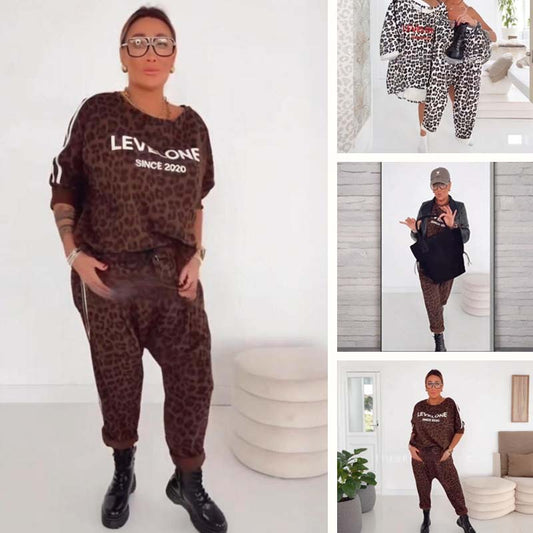 Damen-Zweiteiler mit Leopardenmuster (Sweater und Hose)