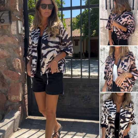 Damen-Bomberjacke mit Zebra-Print und Reißverschluss für den Herbst