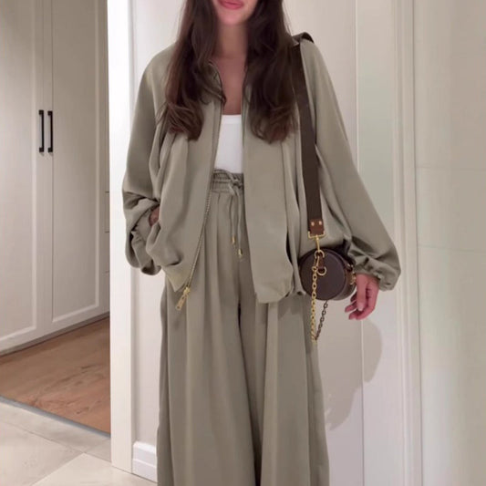 Damen lockeres Set: Jacke mit Reißverschluss & Weitbeinhose