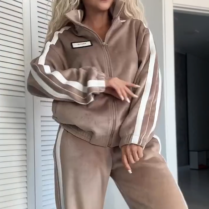 2-teiliges Set aus Jacke und Hose mit elastischem Bund und Farbblock-Design für Damen【Kostenlose Lieferung】