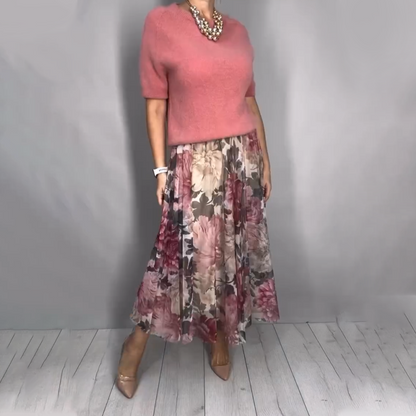 Elegantes 2-teiliges Set aus gestricktem Oberteil mit Blumenmuster und Midirock🔥Versandkostenfrei