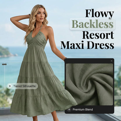 🌴 NUR FÜR BEGRENZTE ZEIT: 50 % RABATT! 👗 Maxikleid für Damen mit Neckholder und rückenfreiem Ausschnitt – gestuft, fließend, im Resort-Stil 🌺