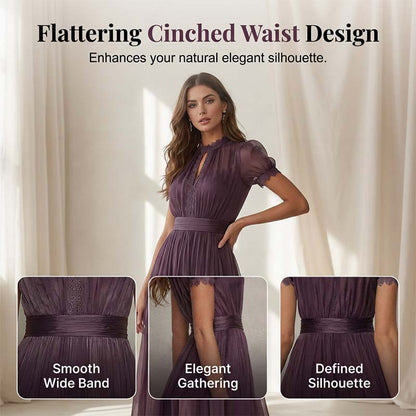 🔥50% Rabatt,Viktorianisches Maxikleid mit Spitzenborte – fließender, atmungsaktiver Stoff, taillierte Taille, mehrlagiger Rock – Größen S–3XL in Lila