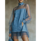 👗 Lantern Sleeve Faux Collar Denim Kleid – femininer Look mit Fake-Kragen, weiten Ärmeln & figurschmeichelndem Denim-Schnitt
