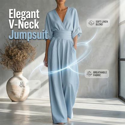 🌍 Damen V-Ausschnitt Hochtaillierter Weitbein-Jumpsuit