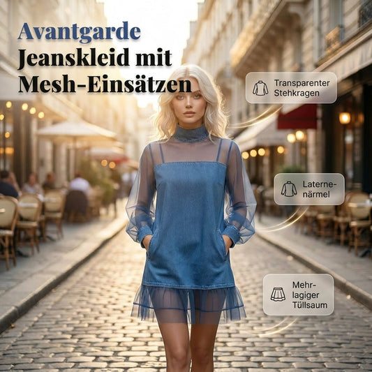 👗 Lantern Sleeve Faux Collar Denim Kleid – femininer Look mit Fake-Kragen, weiten Ärmeln & figurschmeichelndem Denim-Schnitt